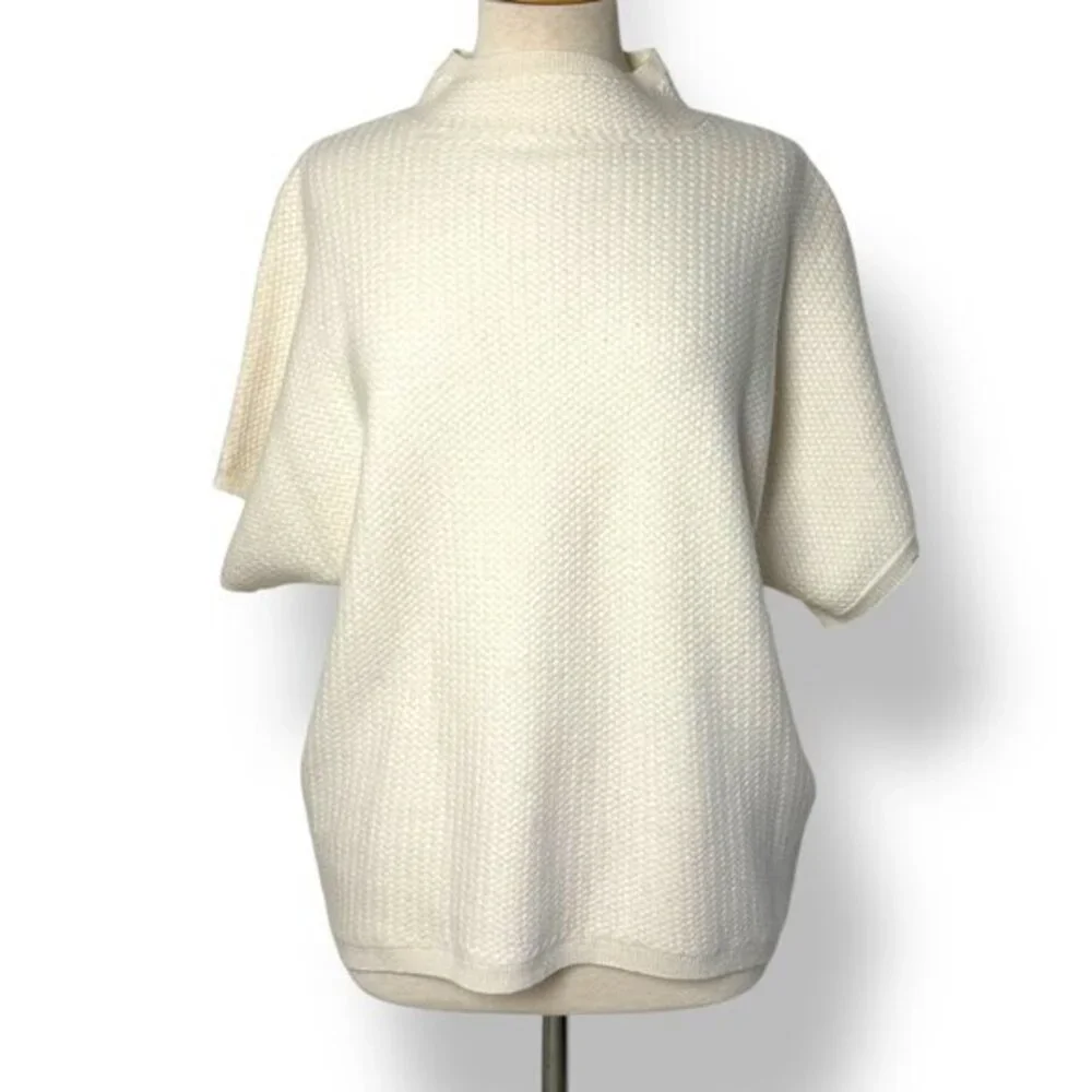 NWT 100% Cashmere Basketweave Short Sleeve Mock Turtleneck Cream Sweater Sz S